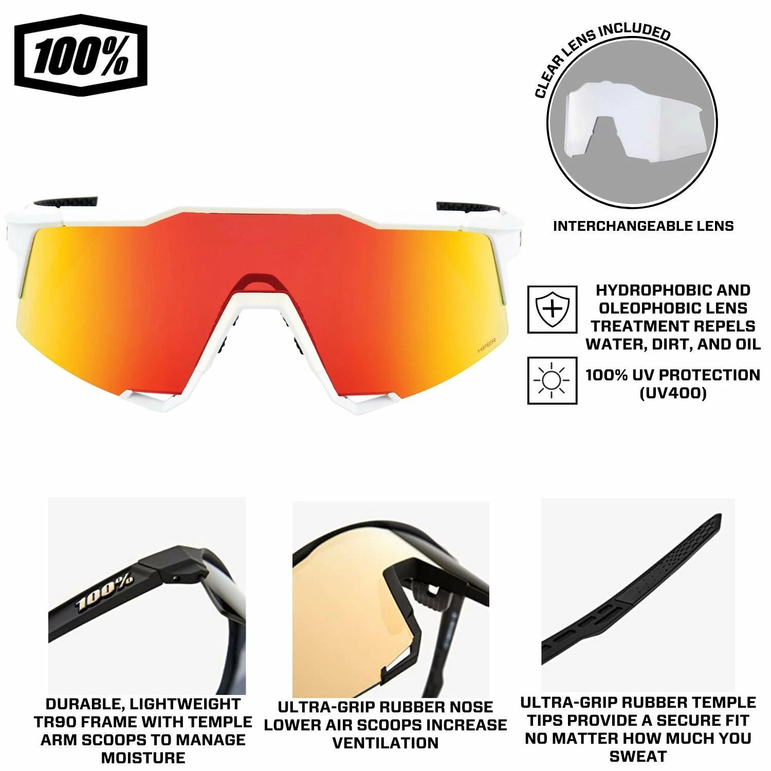 100% Speedcraft Sport Performance Baseball Sunglasses HD Interchangeable Lens (Soft Tact Off White - Red Multilayer Mirror Lens) 5 100% Speedcraft Sport Performance Baseball Sunglasses HD Interchangeable Lens (Soft Tact Off White - Red Multilayer Mirror Lens) - Image 4