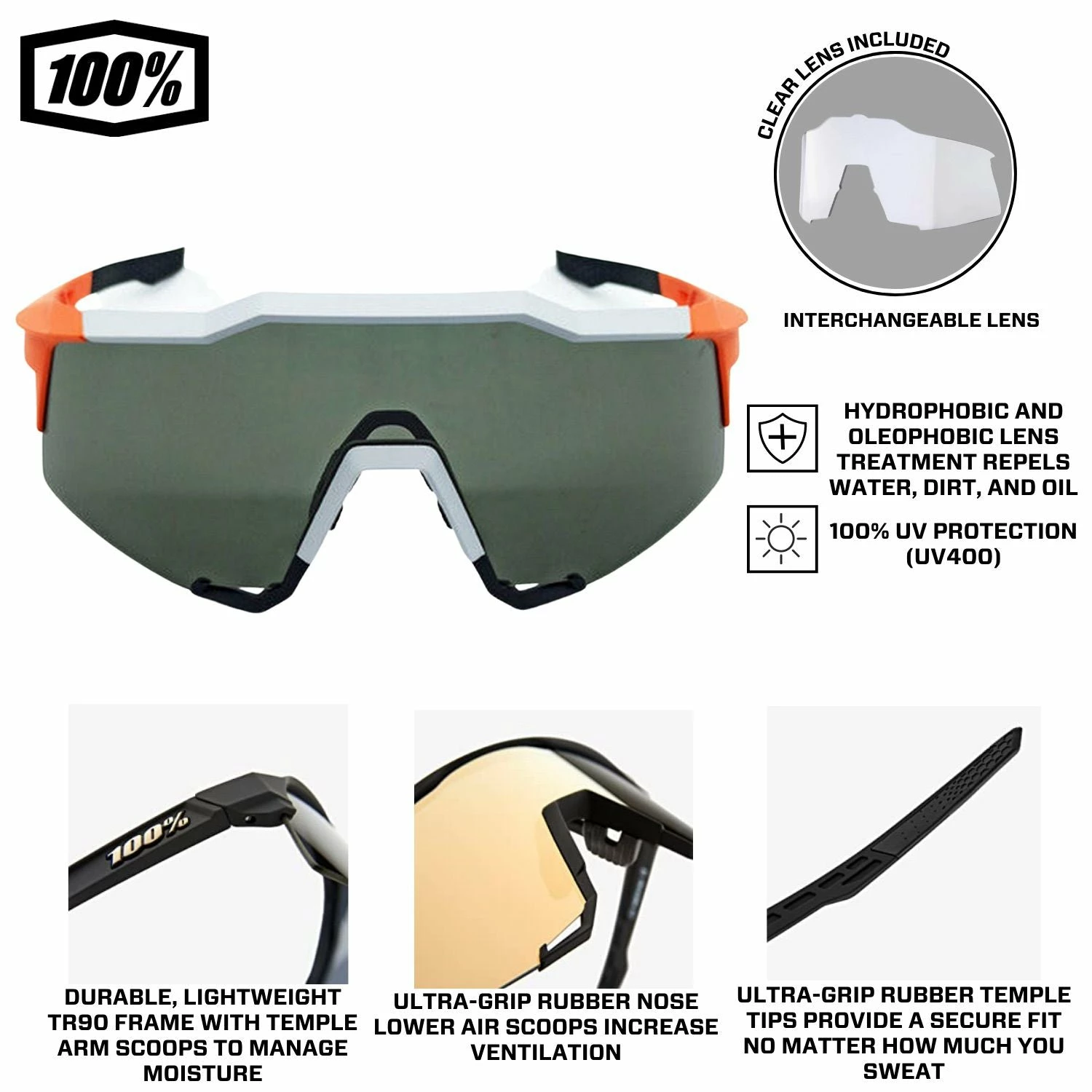 100% Speedcraft Sport Performance Baseball Sunglasses HD Interchangeable Lens (Soft Tact Oxyfire - Smoke Lens) 5 100% Speedcraft Sport Performance Baseball Sunglasses HD Interchangeable Lens (Soft Tact Oxyfire - Smoke Lens) - Image 3