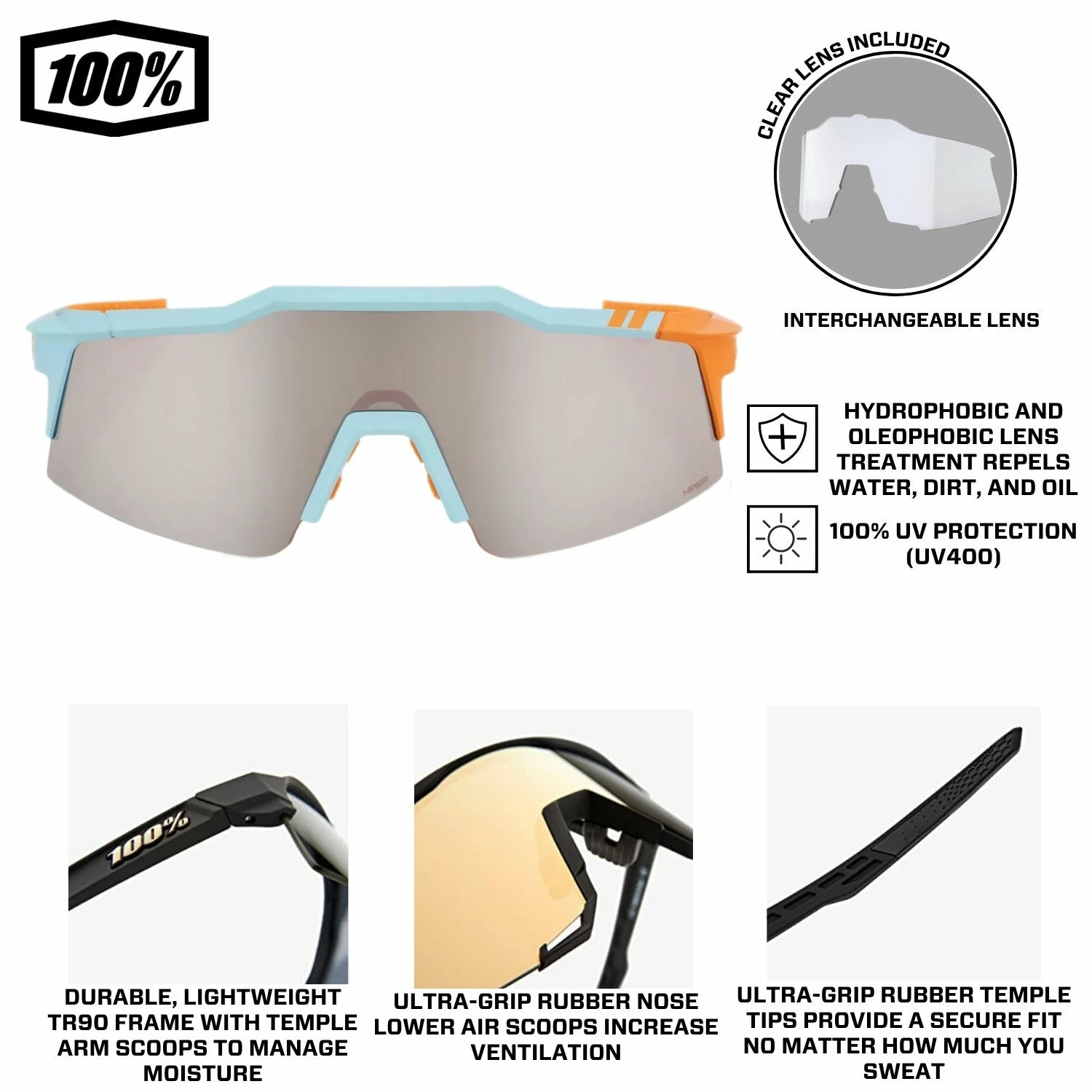 100% Speedcraft XS Performance Vented Baseball Sport Sunglasses (Soft Tact Two Tone - HiPER Silver Mirror Lens) 9 100% Speedcraft XS Performance Vented Baseball Sport Sunglasses (Soft Tact Two Tone - HiPER Silver Mirror Lens) - Image 7